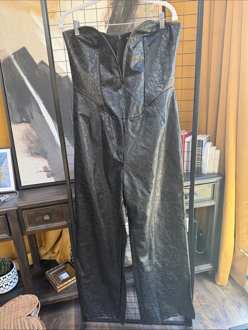 PrettyLittleThing Black Strapless Faux Leather Wide-Leg Jumpsuit